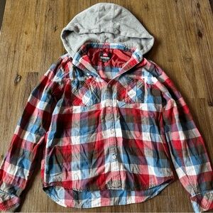 3/20$ Quiksilver Kids Plaid Hooded Button Down Flannel Shirt size M (12-14)